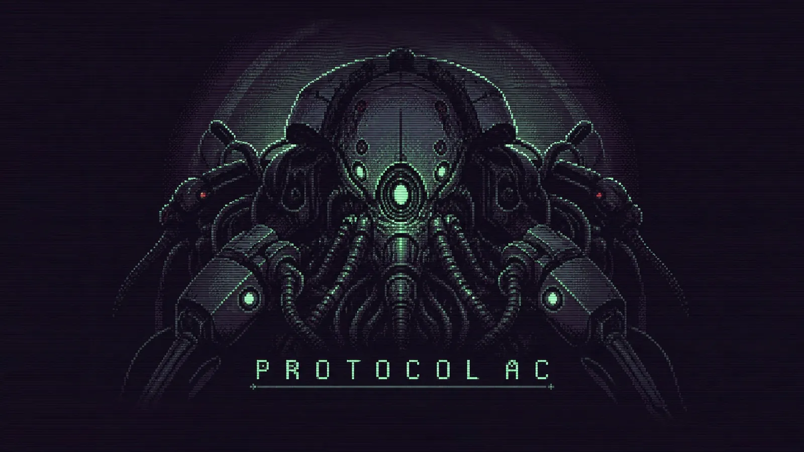 Protocol AC — dark mechanical creature with green illuminated details
